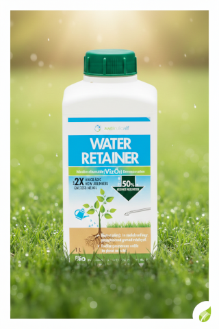 Water Retainer VízŐr talajkondicionáló készítmény 1 literes flakon üde zöld pázsiton.